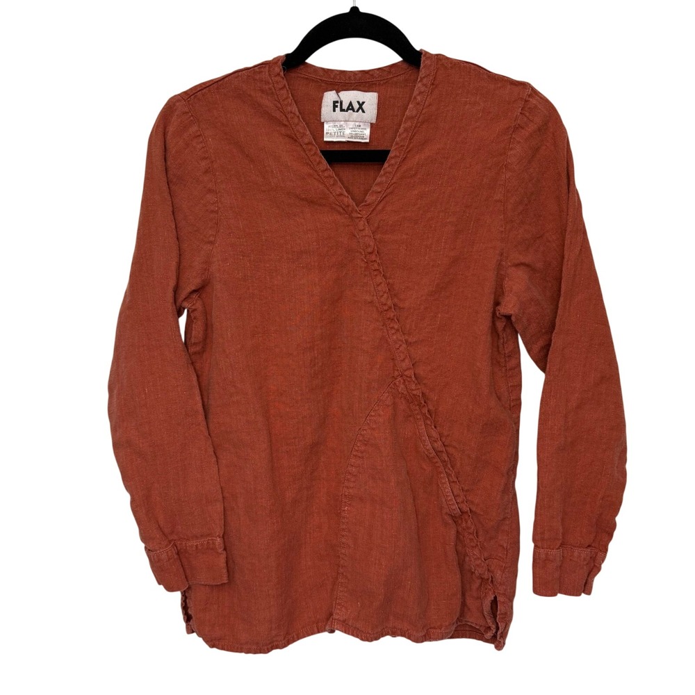 FLAX Rust Orange Linen V Neck Wrap‎ Front Long Sleeve Tunic Top Petite Small